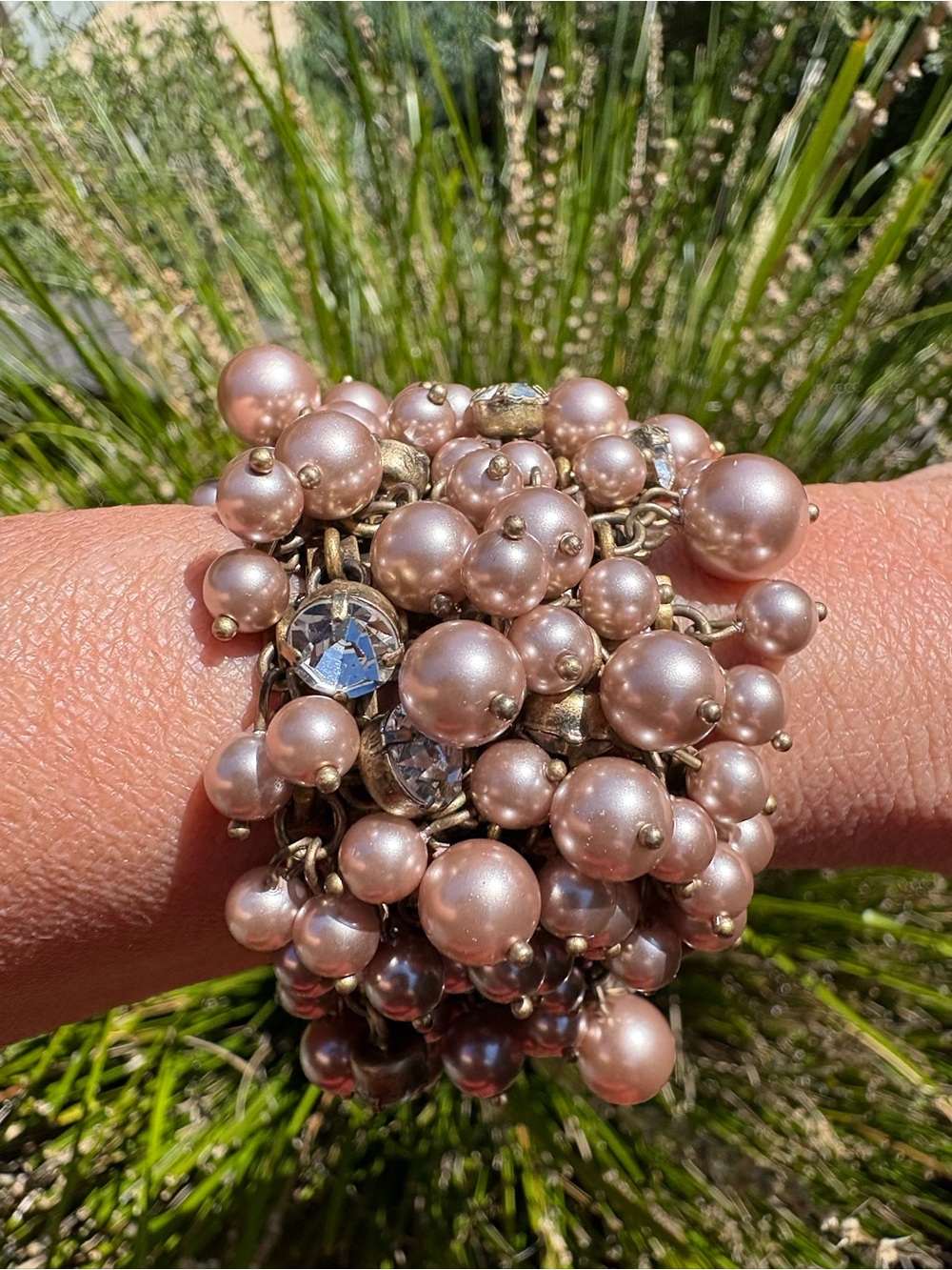 J. Crew Pink Pearl w Rhinestones Cluster Statement Bracelet